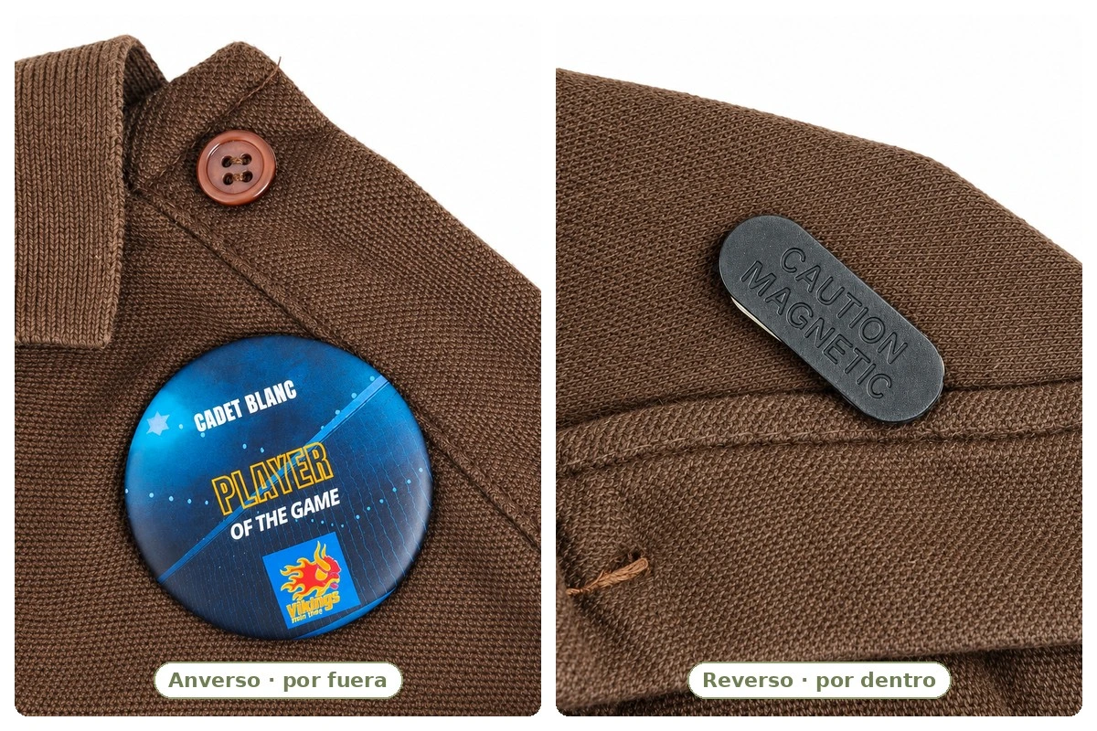 Chapa personalizada con imán doble para ropa, vista por delante y por detrás