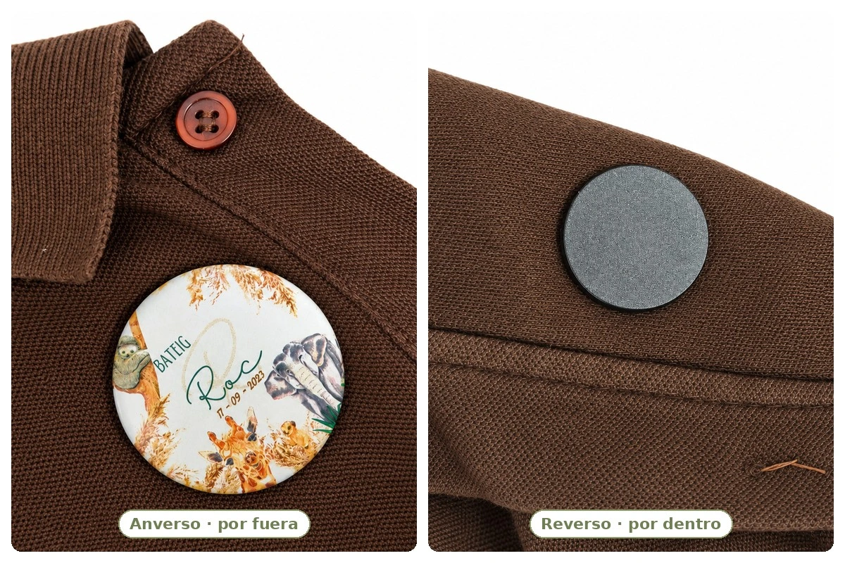 Chapa personalizada con imán simple para ropa, vista por delante y por detrás